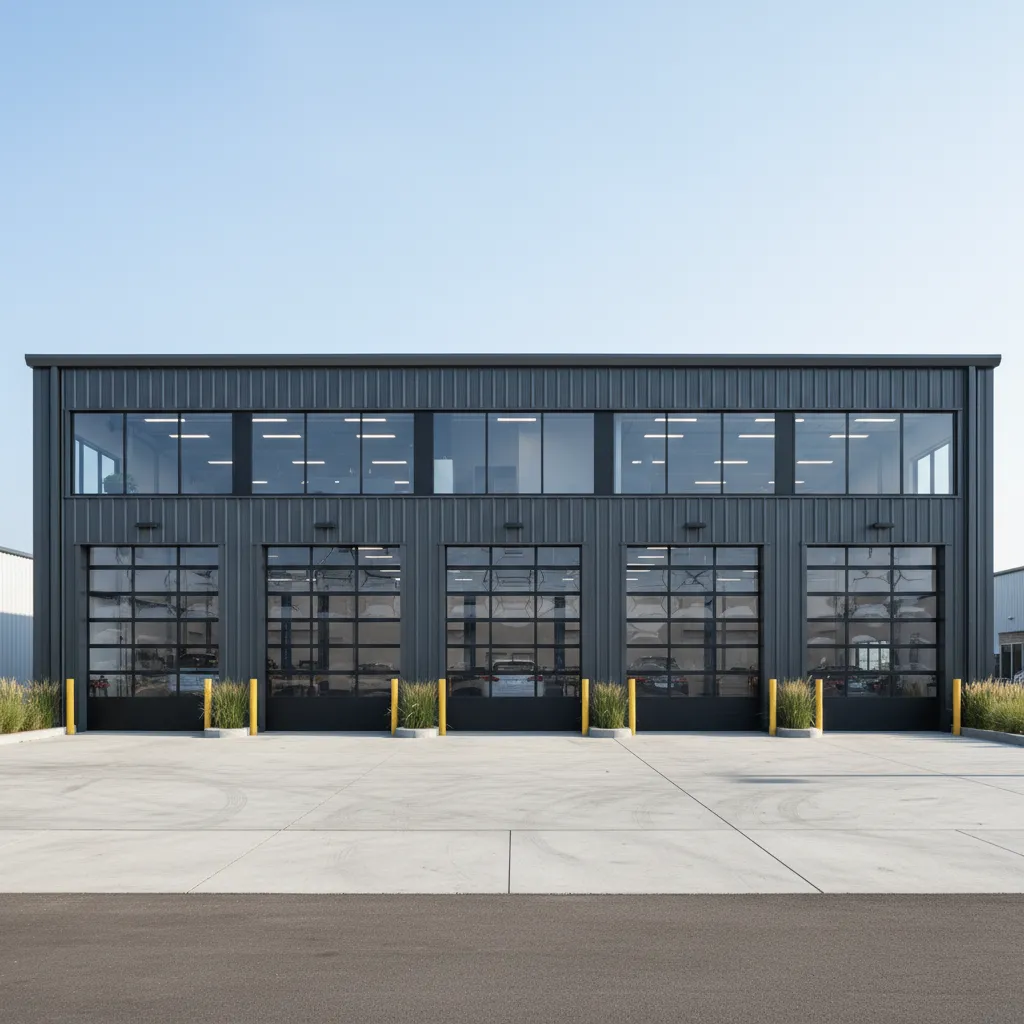 Modern auto repair shop exterior with multiple garage service bays