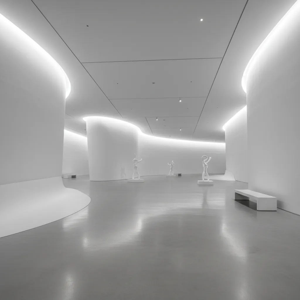 Minimalist avant-garde gallery space with curved walls and hidden lighting