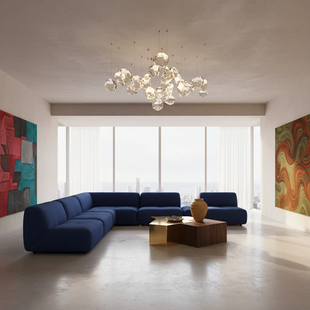 Avant-garde living space with bold furniture and abstract lighting