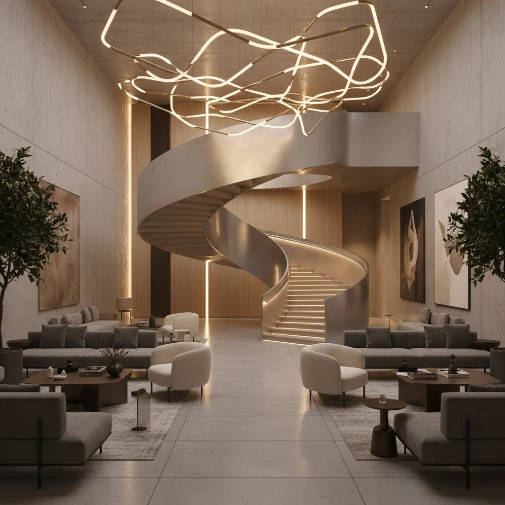 Avant-garde boutique hotel lobby with sculptural staircase and artistic lighting