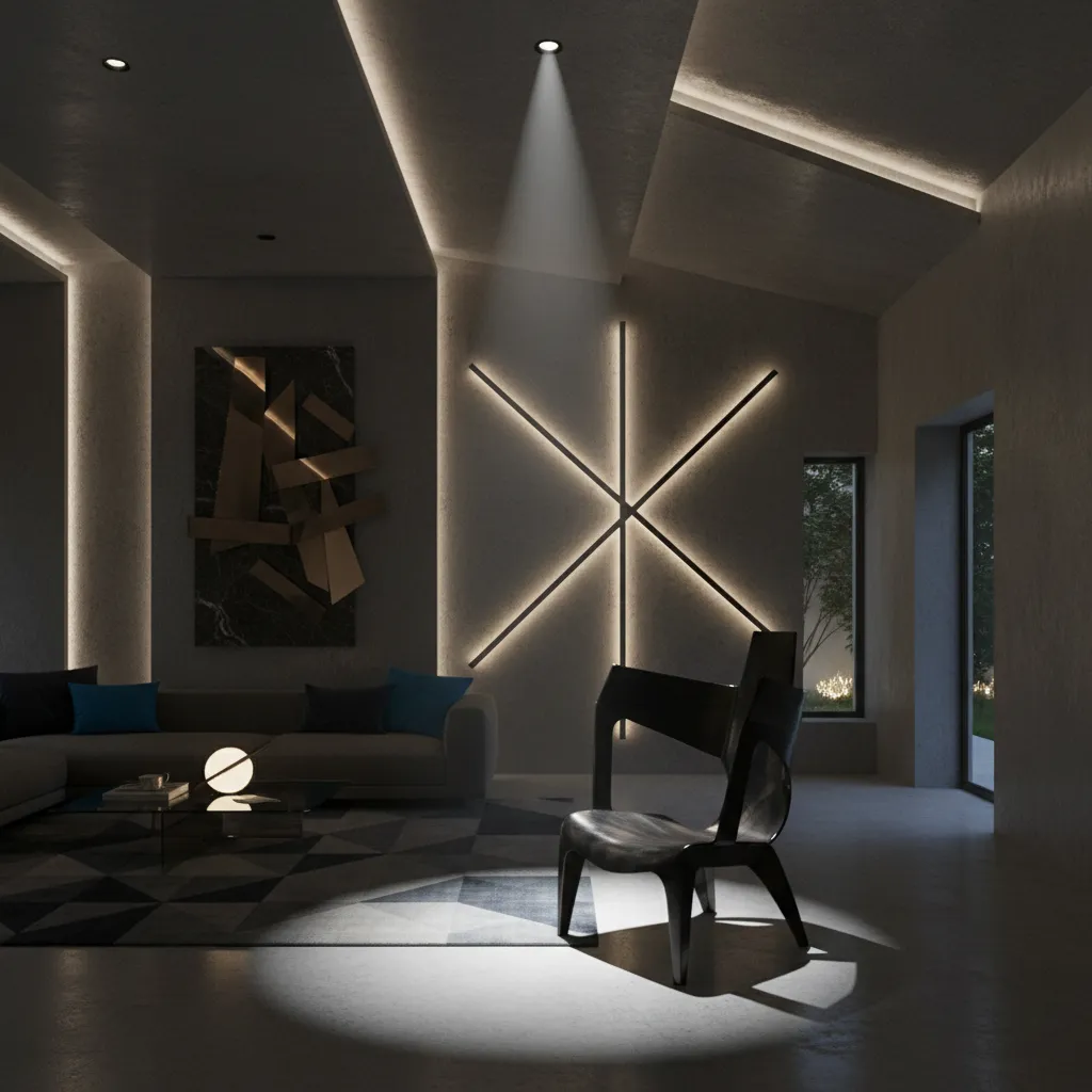 Avant garde interior showing layered lighting highlighting sculptural decor