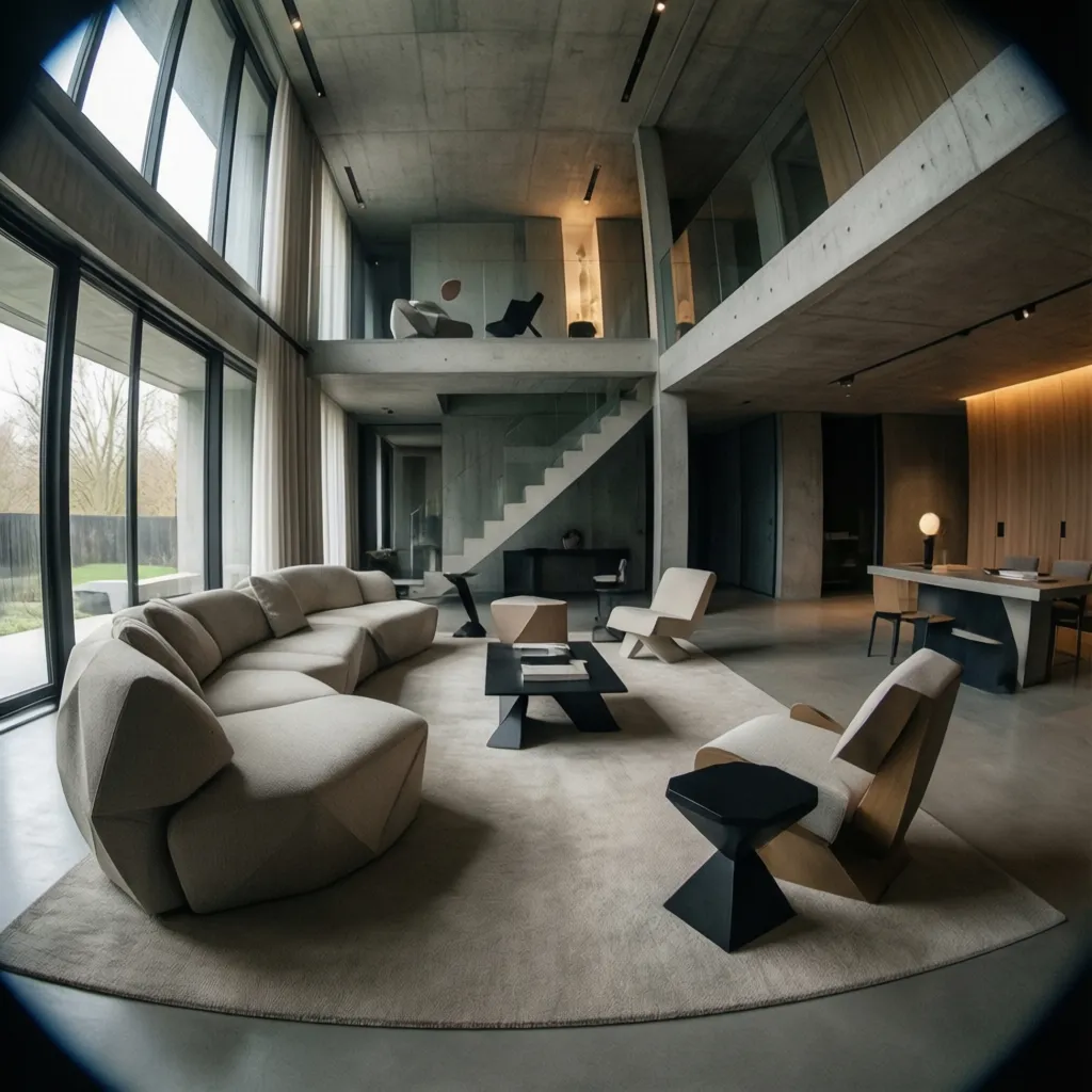 Sala de estar con muebles geométricos y estética vanguardista