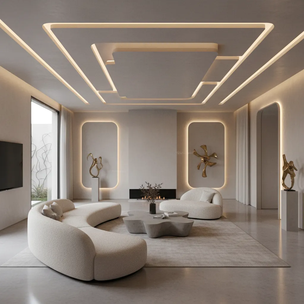 Sala de estar vanguardista con iluminación indirecta y mobiliario de diseño