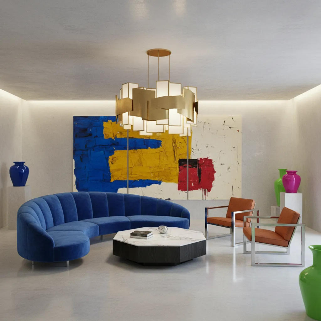 avant garde living room with sculptural furniture and dramatic lighting