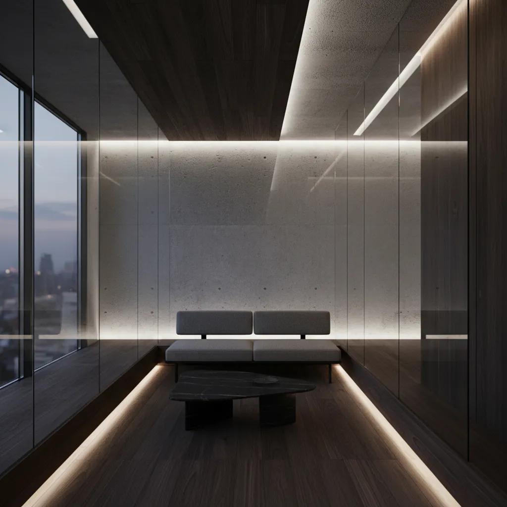 Interior moderno con microcemento, vidrio y madera en diseño vanguardista