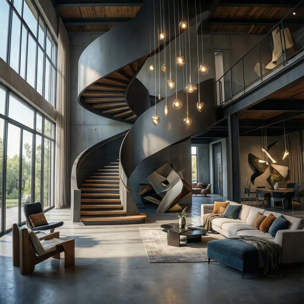 Open-plan avant-garde interior with bold architectural elements