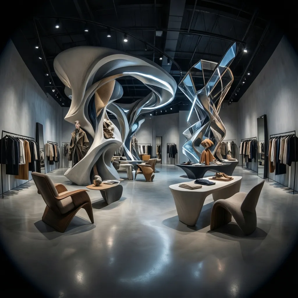 Avant-garde fashion retail store interior with sculptural product displays