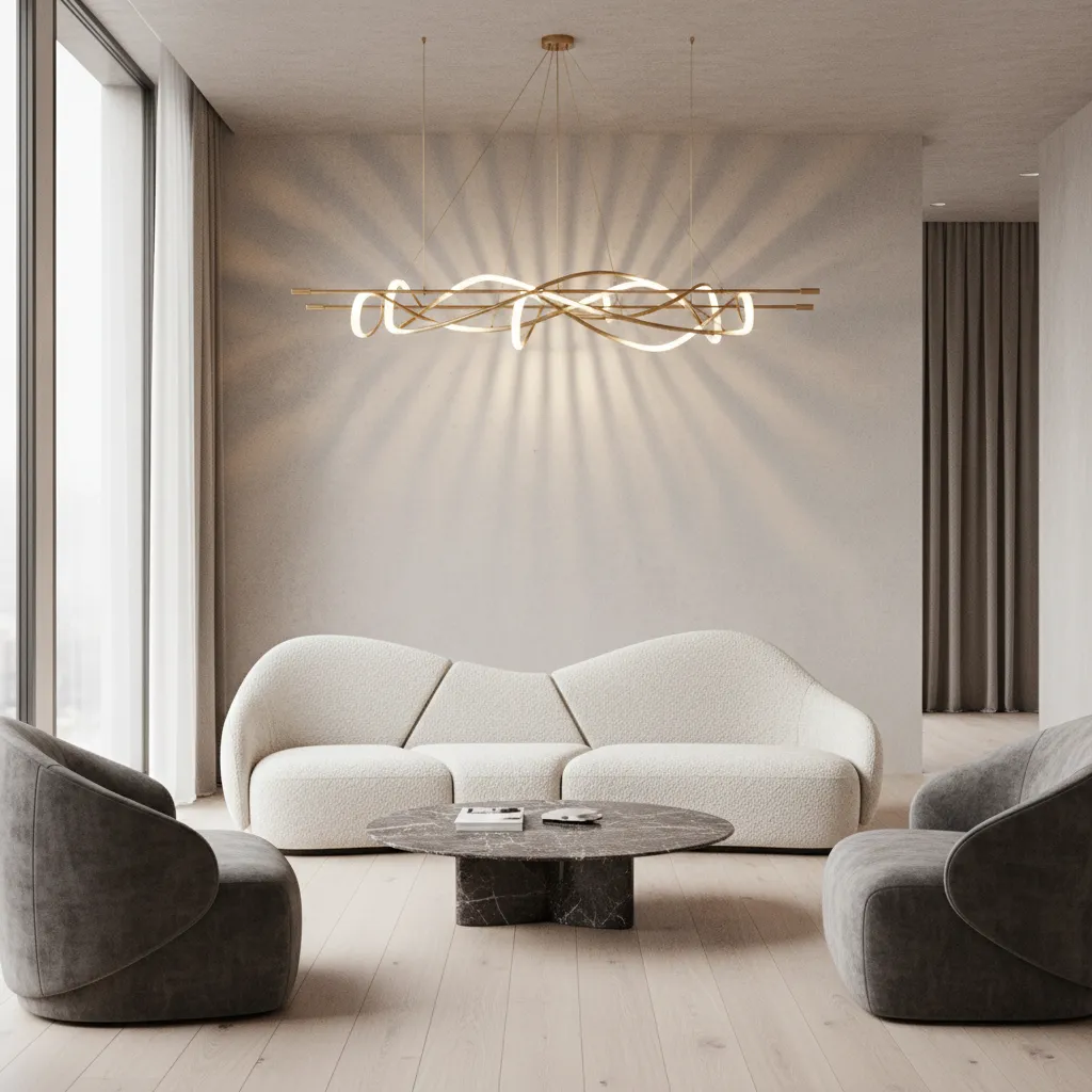 Sculptural avant-garde sofa and artistic lighting in modern interior