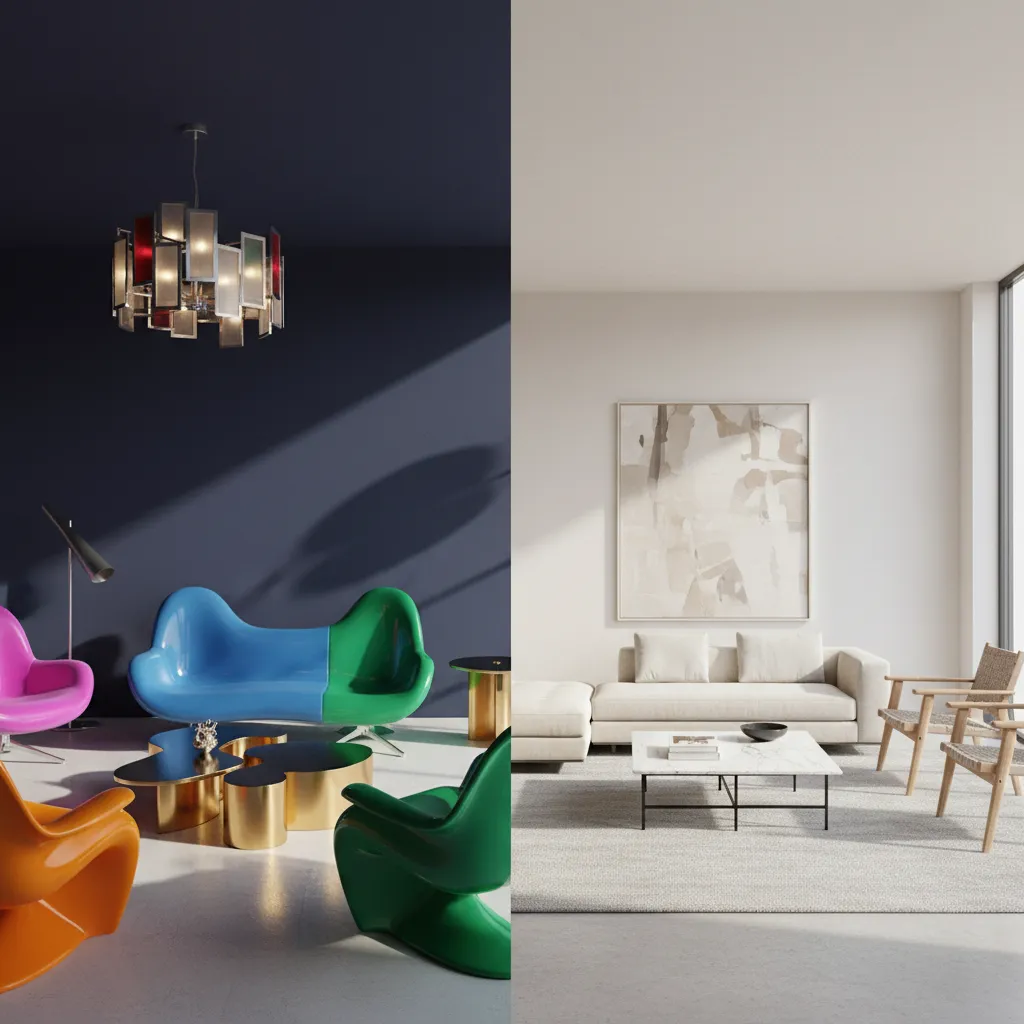 visual comparison of bold avant garde interior and calm minimalist interior