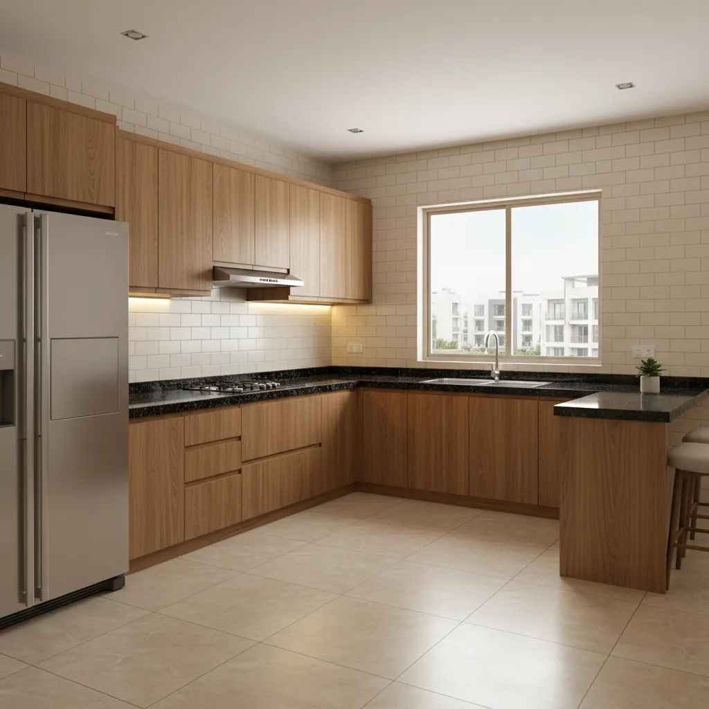 Modern kitchen with light wood cabinets black stone countertops white tiled walls and silver fridge