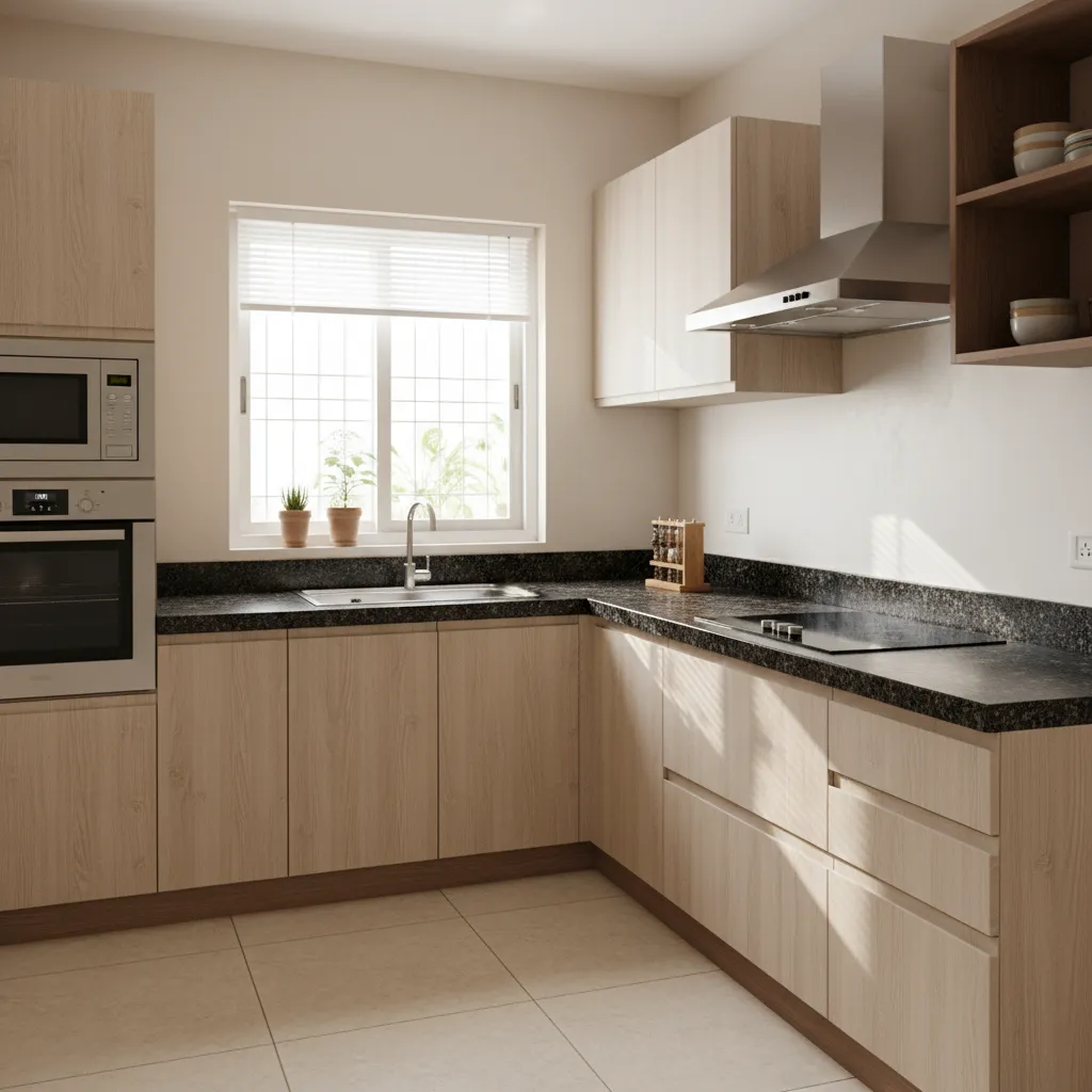 average modular kitchen setup in Indian apartment with cabinets and granite counter