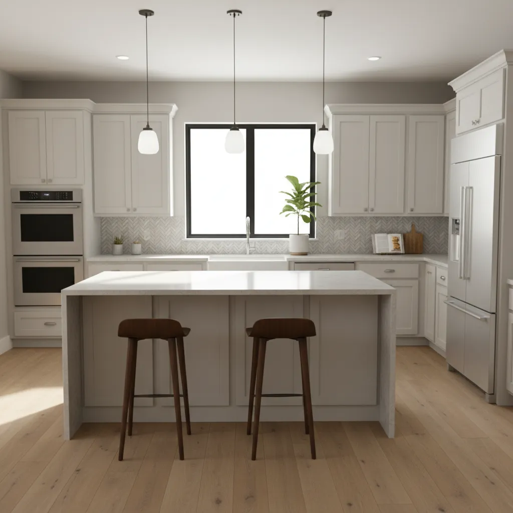 Typical mid range modern kitchen layout with island cabinets and appliances