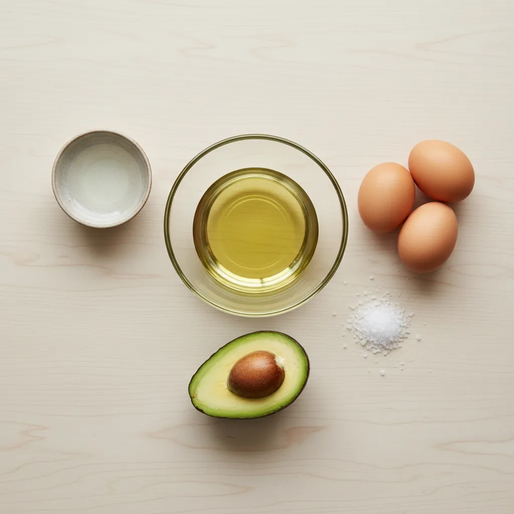 Ingredients for avocado oil mayonnaise including eggs avocado oil vinegar and salt