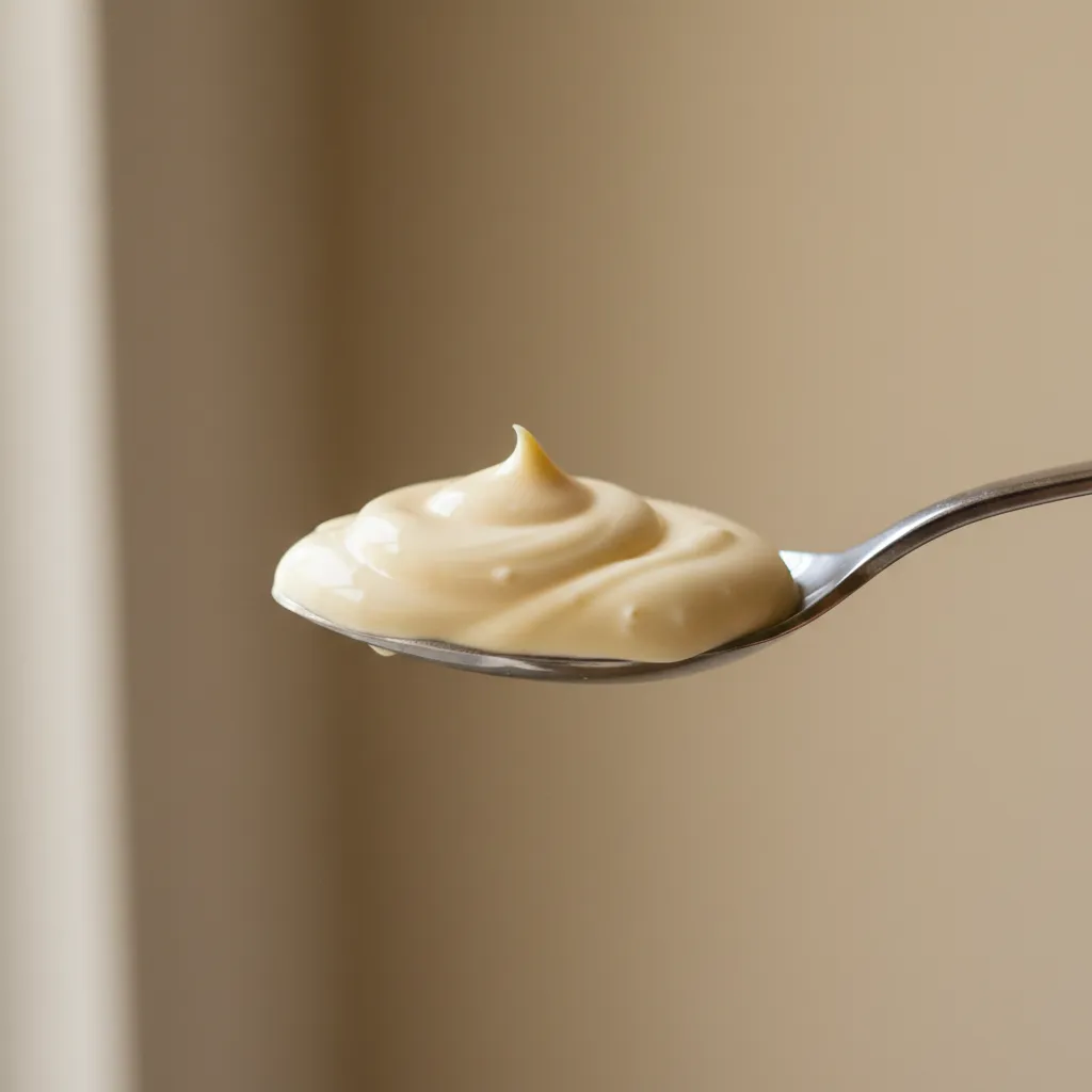 Close up spoonful of creamy avocado oil mayonnaise texture