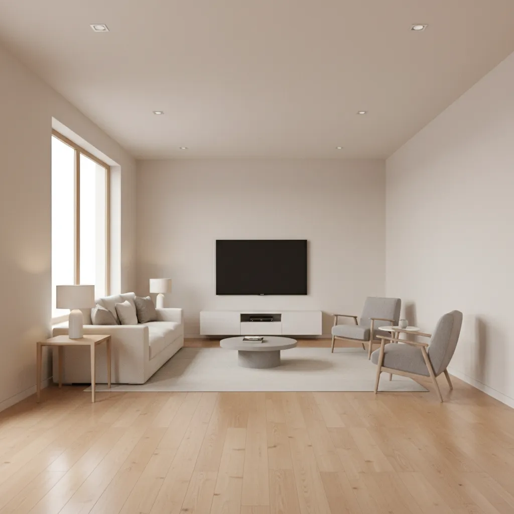 Example of awkward 14x20 living room layout with furniture against walls