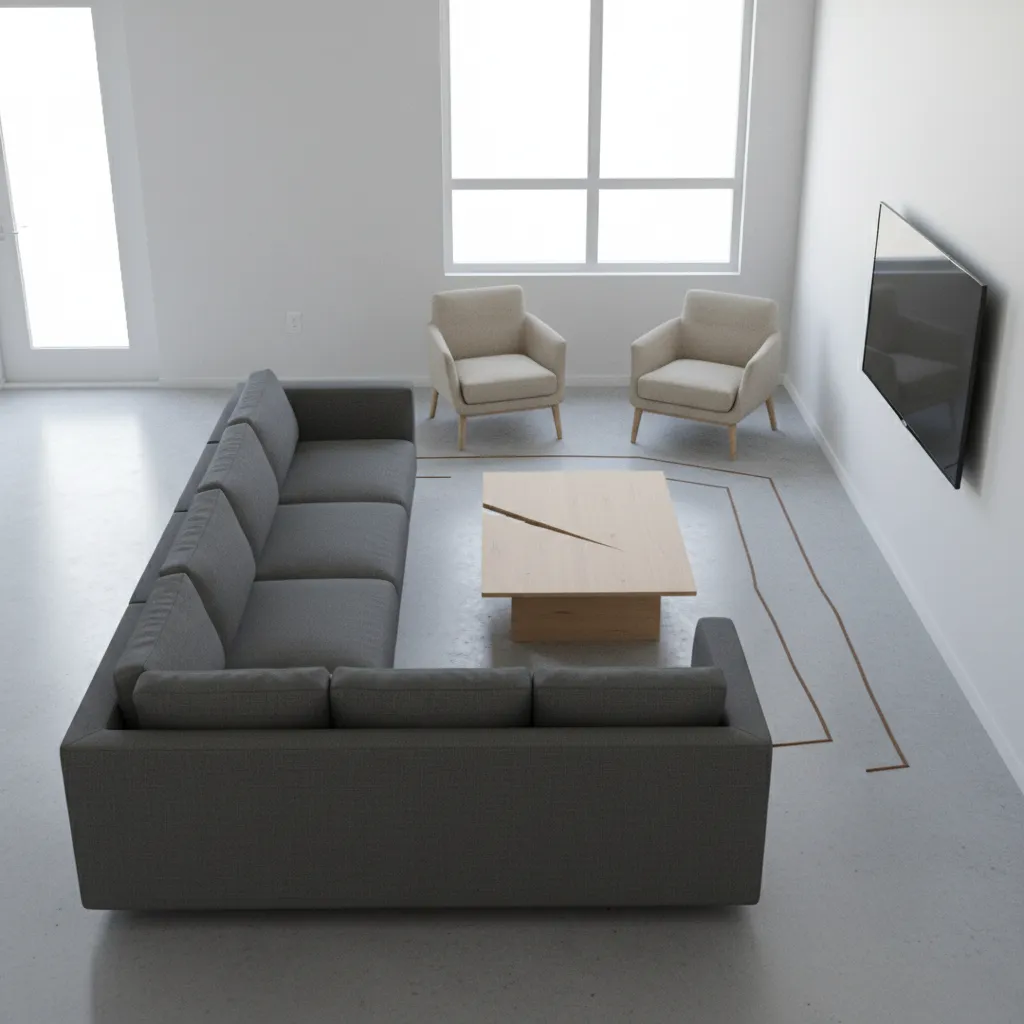 Awkward furniture arrangement in a rectangular living room with blocked walkway