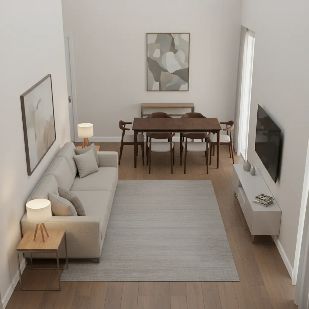 Awkward apartment living dining room layout with poor furniture placement