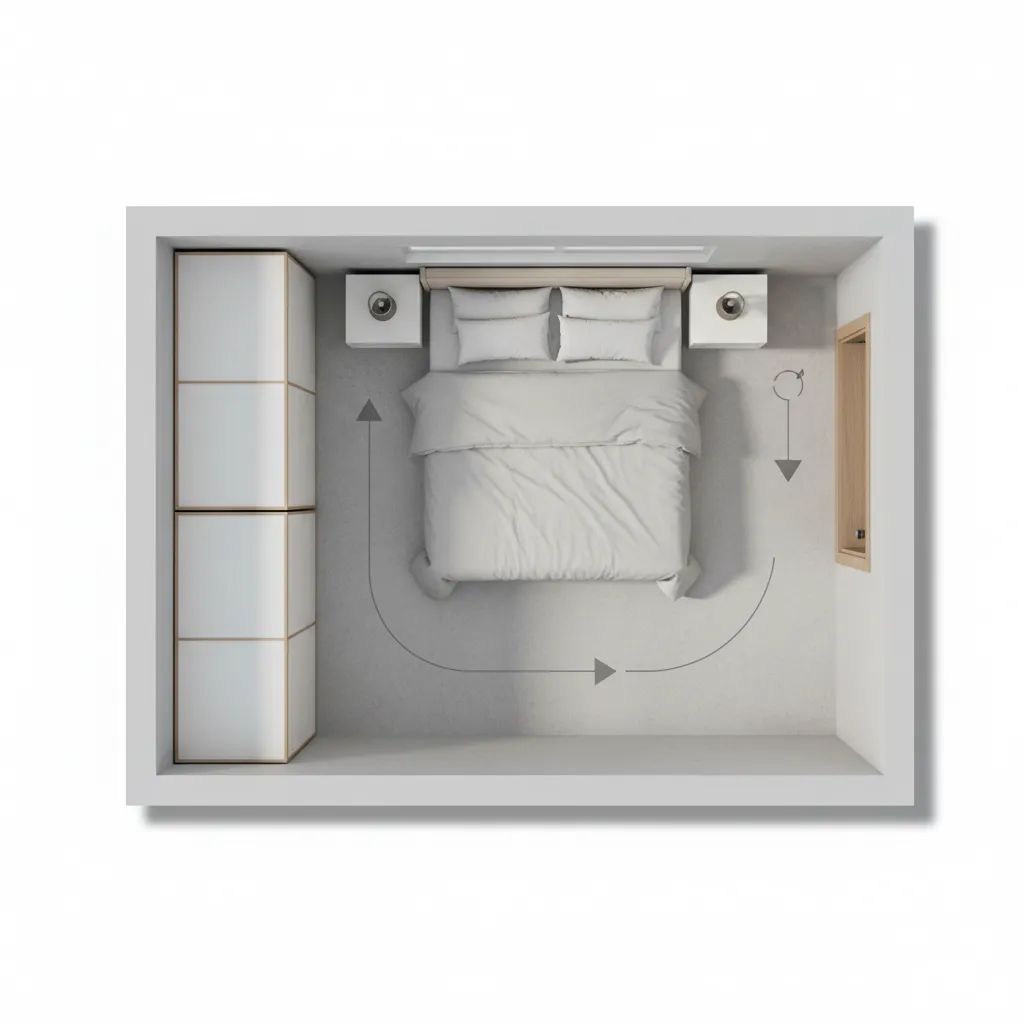 awkward bedroom floor plan with furniture layout analysis and circulation paths
