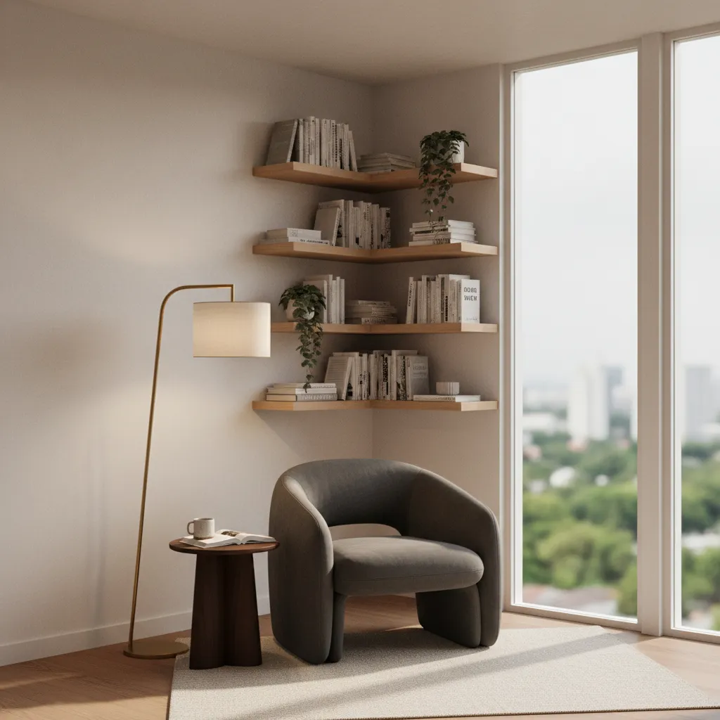 Small reading nook created in an awkward corner with chair lamp and shelves