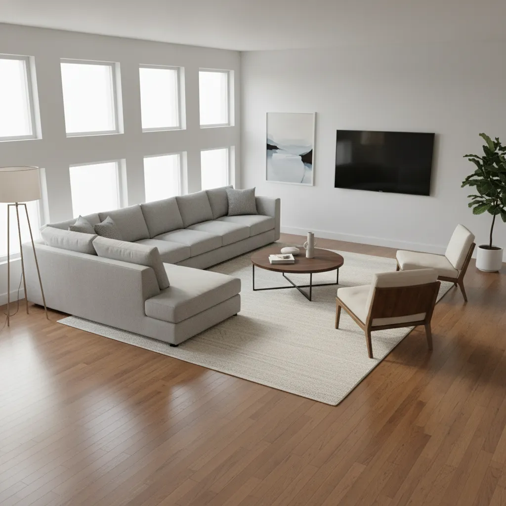 Living room with diagonally placed sofa creating awkward empty corner spaces