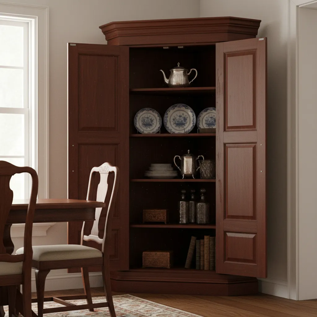 Dining room corner cabinet showing deep hard to reach storage area