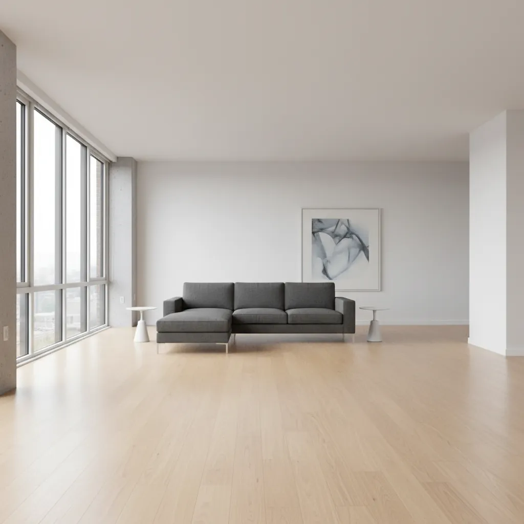 living room with awkward floating sofa and empty surrounding space