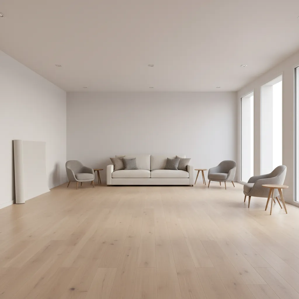 large rectangular living room with furniture against walls creating empty center