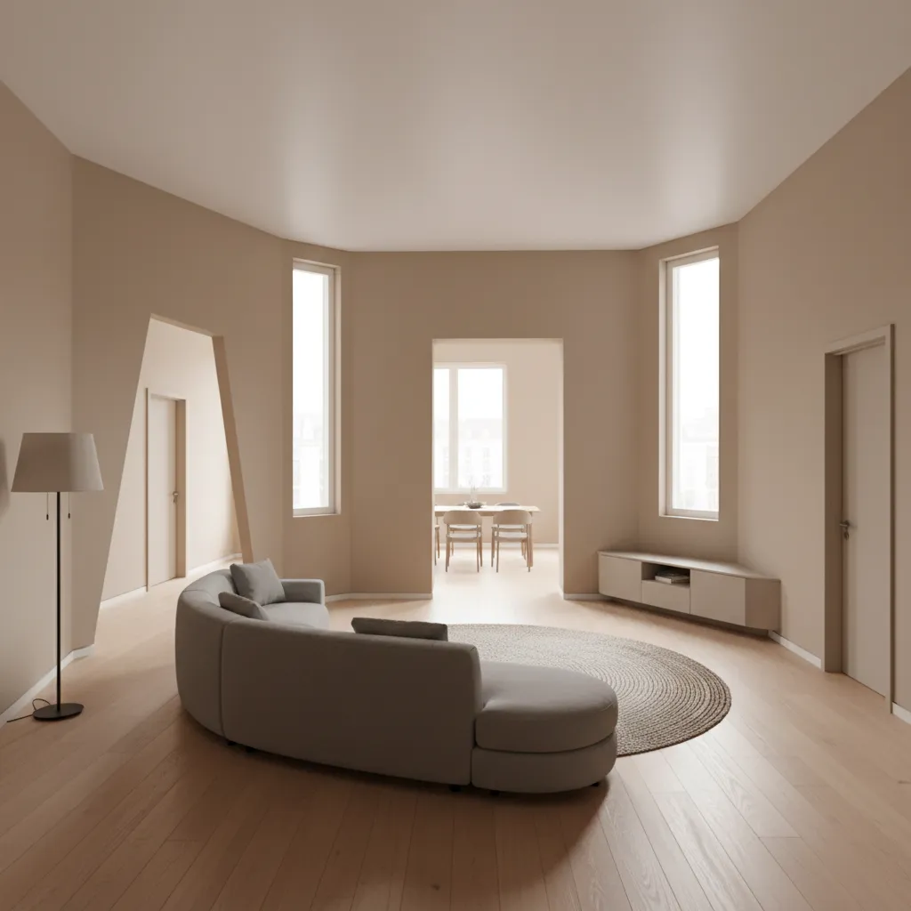 awkward shaped living room with multiple doorways and windows