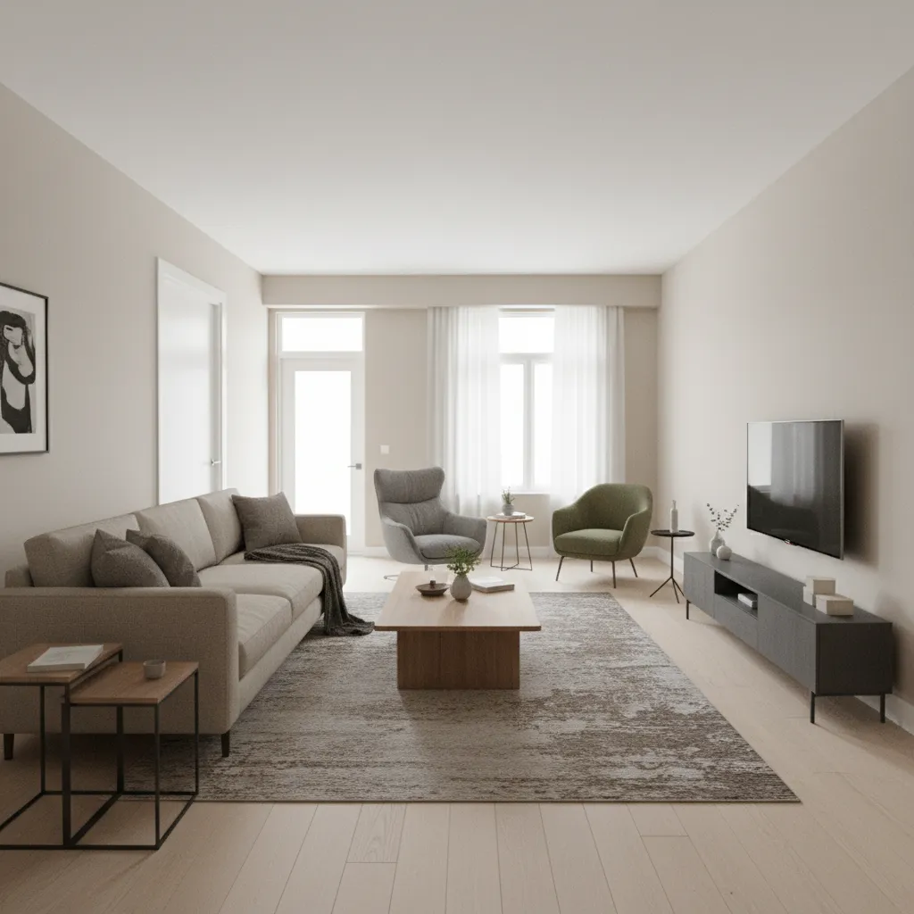 awkward furniture placement in a rectangular living room blocking pathways