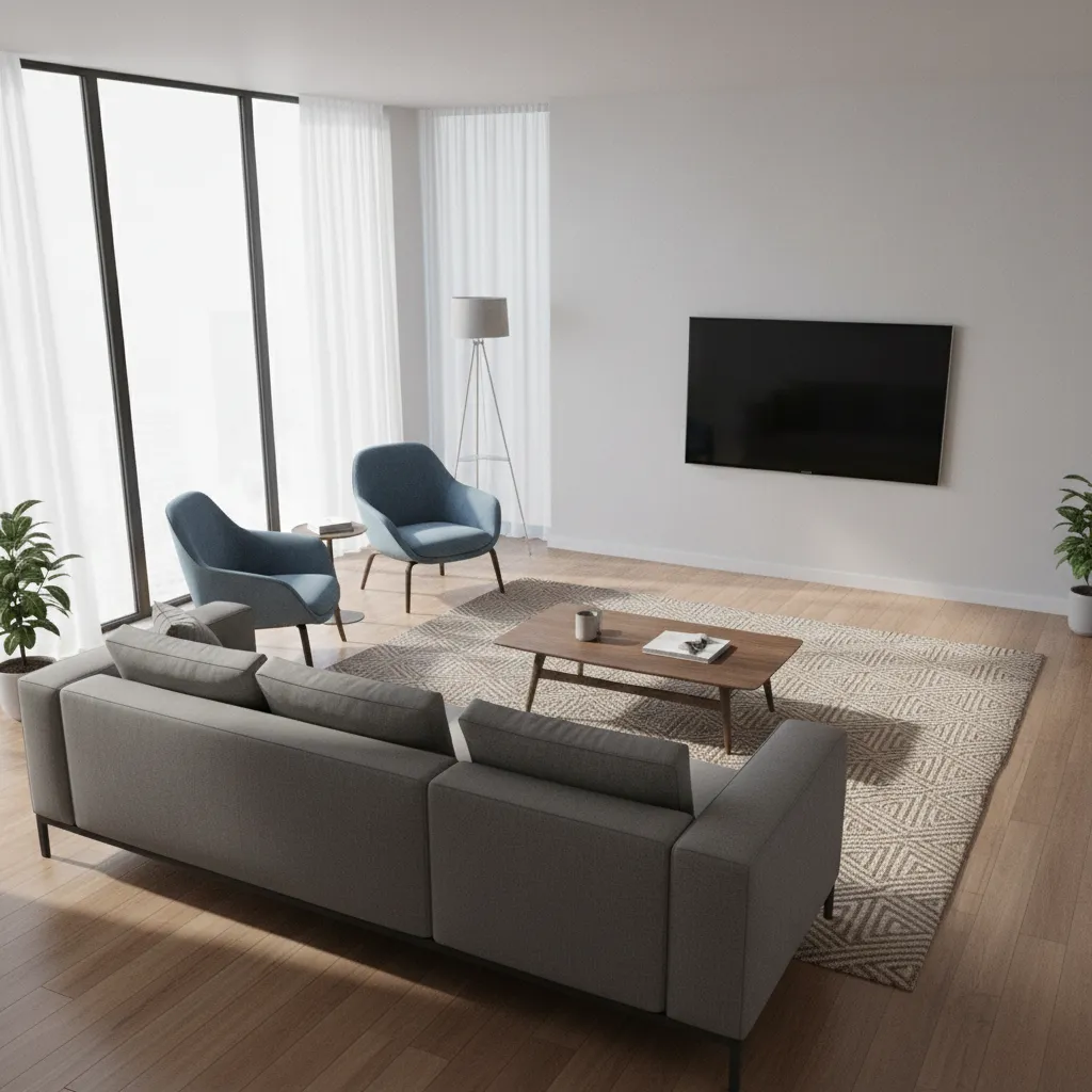 Awkward living room layout with sofa angled away from TV