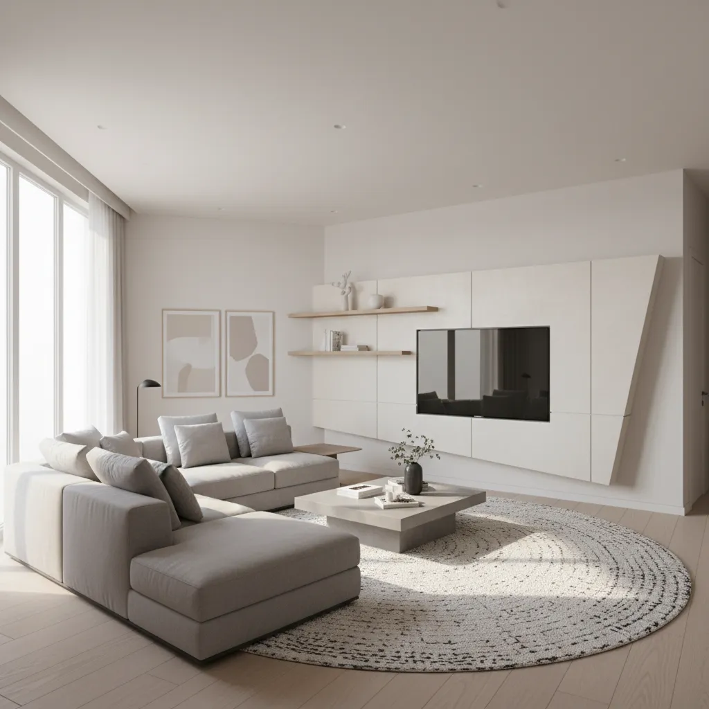awkward shaped living room with sectional sofa and TV layout planning