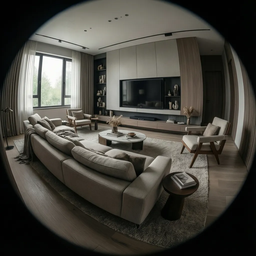 Awkward living room with floating sofa and wall mounted TV layout