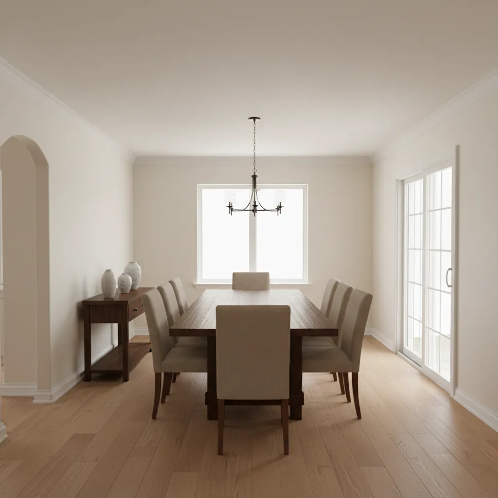 Awkward raised ranch dining room layout with narrow walkway and rectangular table