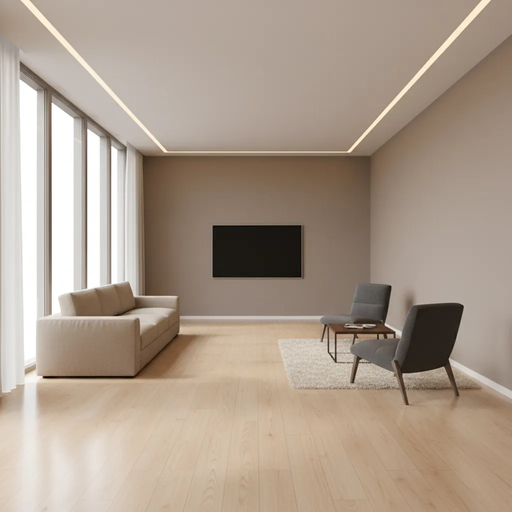 Awkward rectangular living room layout with furniture pushed against walls