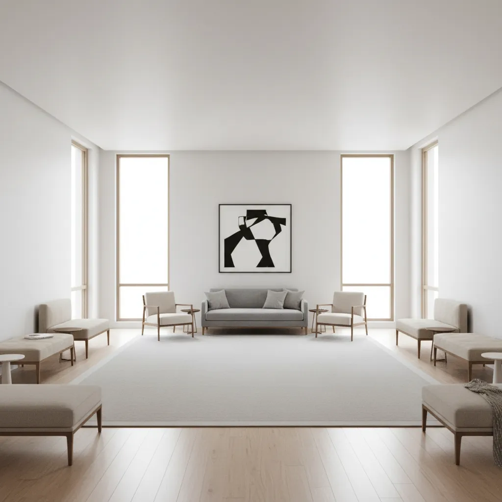 Large square living room with furniture pushed against walls creating empty center