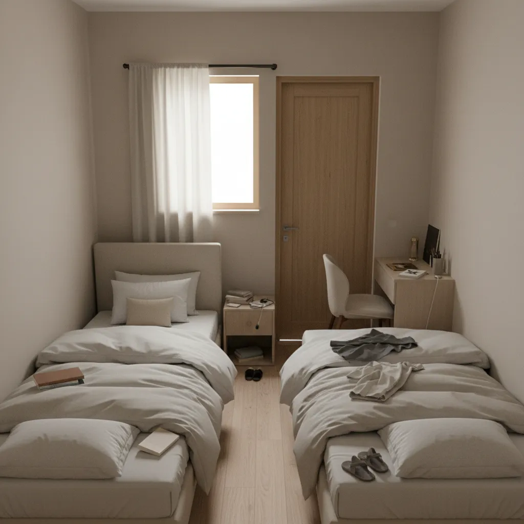 Small bedroom with poorly arranged twin beds blocking walking space