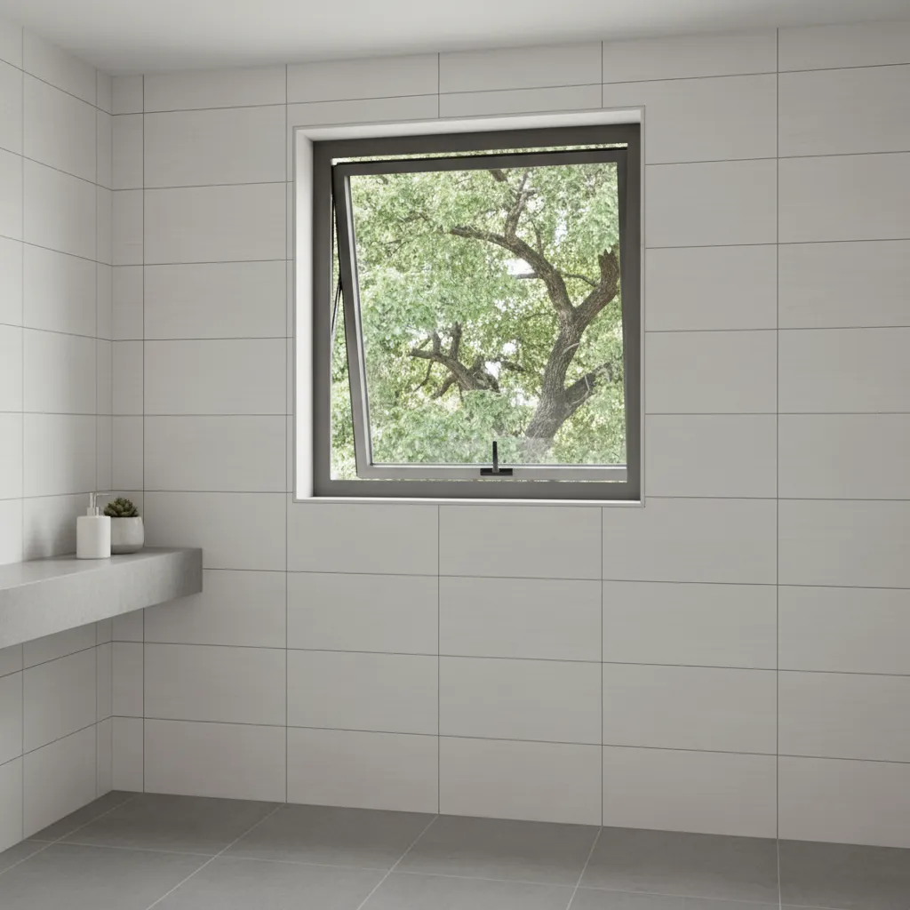 Awning style aluminum bathroom window open for airflow