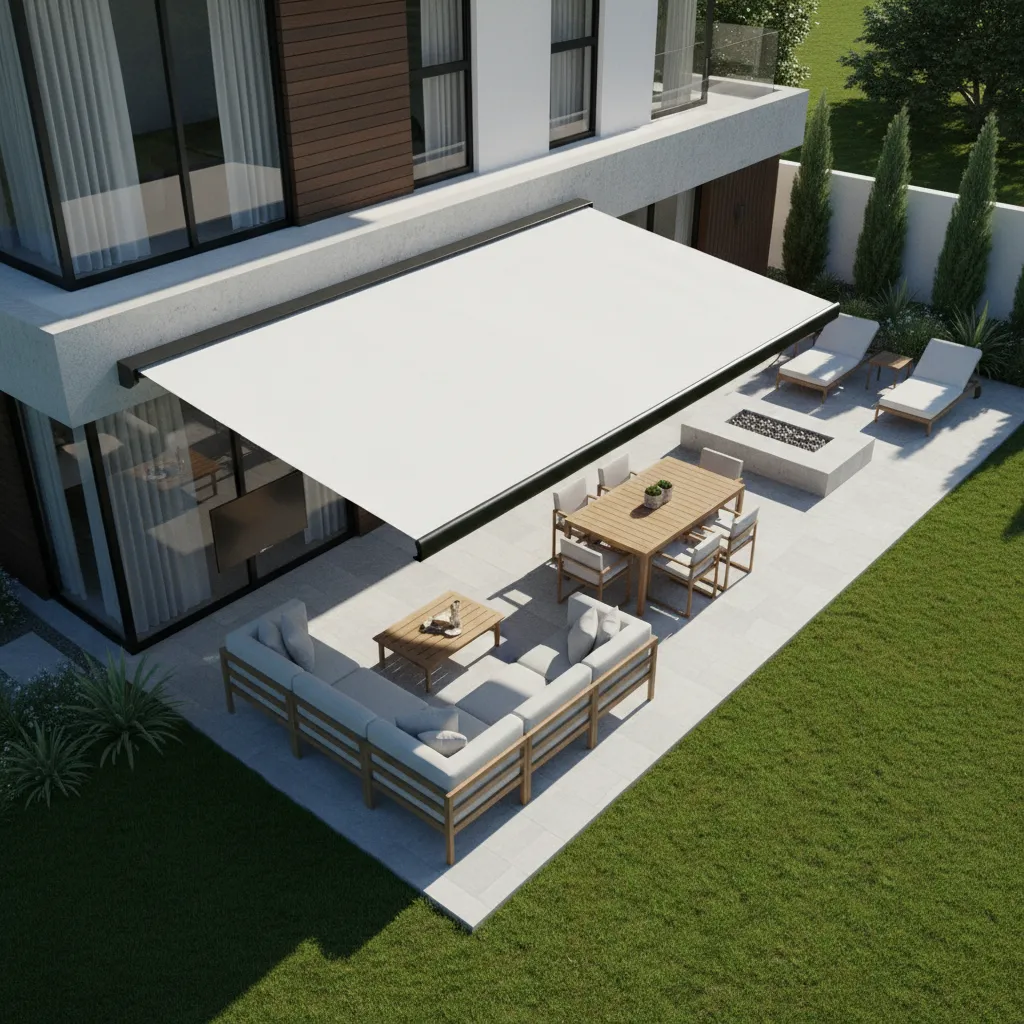 Outdoor patio layout showing shade coverage area of an awning