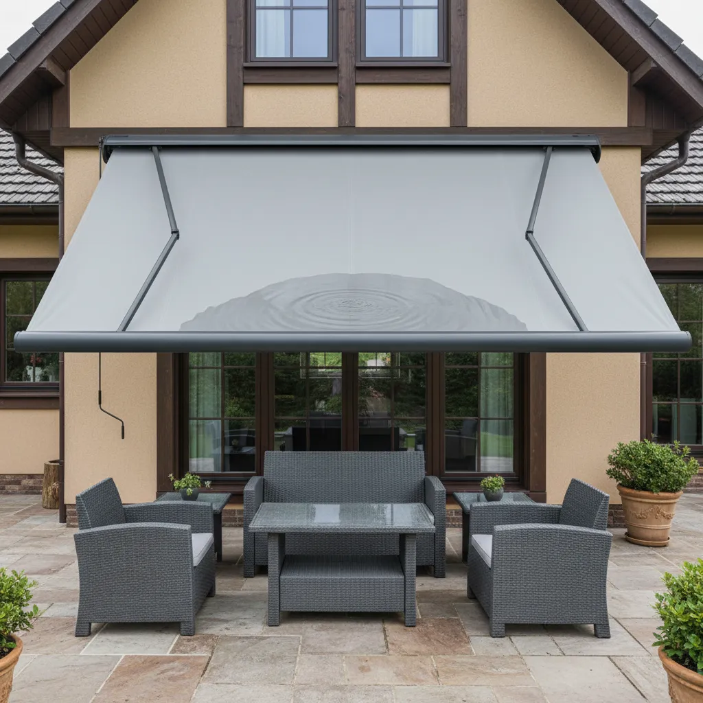 Patio awning fabric sagging with water pooling in the center