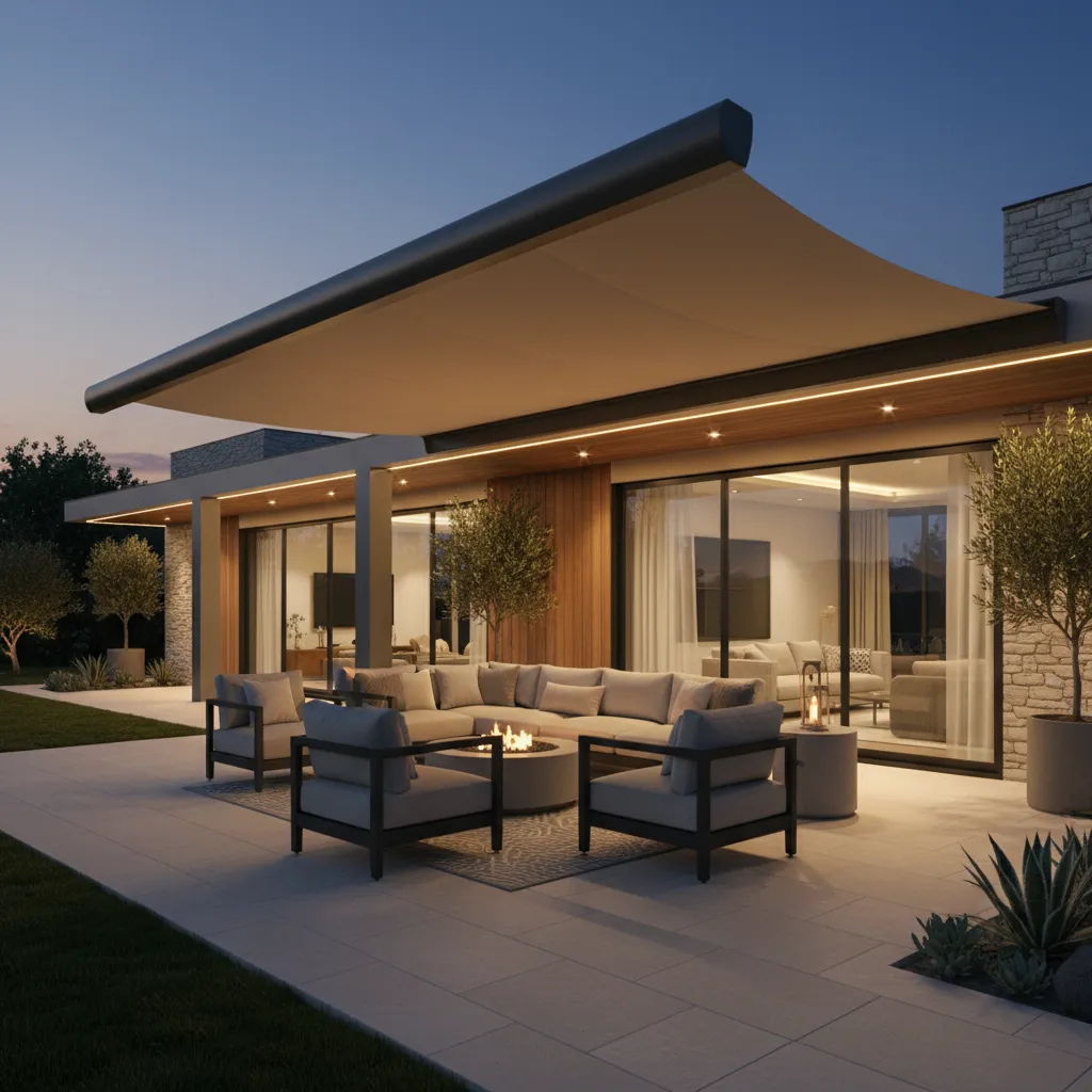 Large patio awning installed over outdoor seating area of a house