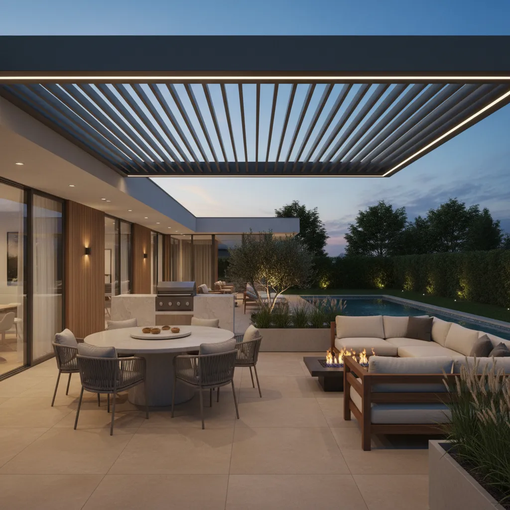 Well designed patio with awning integrated into outdoor seating layout