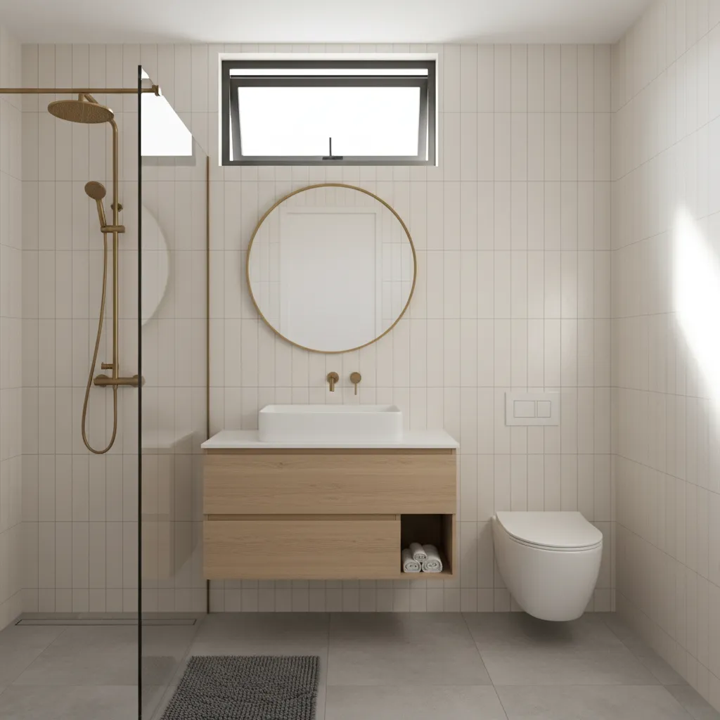small bathroom with awning window providing ventilation and daylight