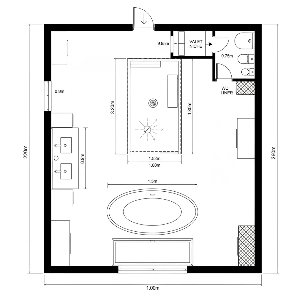 Top-down CAD plan of a 12x12 bath with central wet core and dual dry rings