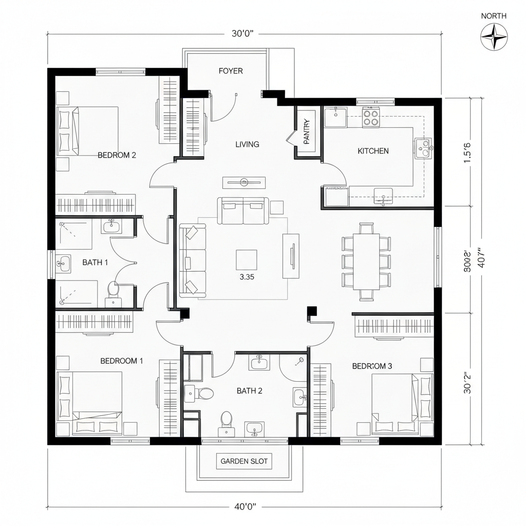 30x40 North-Facing 3-Bedroom First Floor Plans — Future Logic