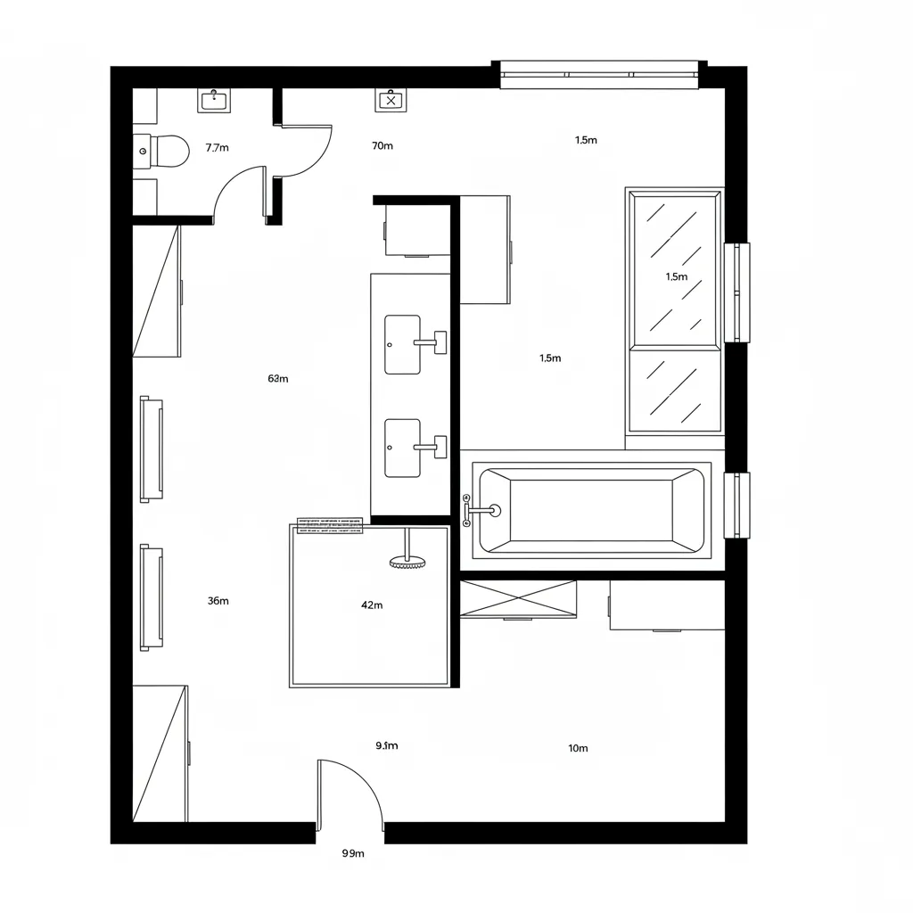 Top-down CAD plan of a 10x12 bath with central wet spine, vanity, tub, and shower