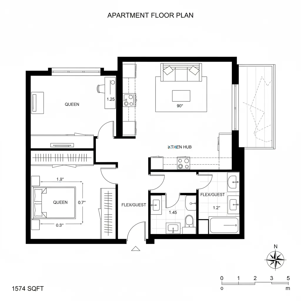 Top-down CAD plan with central gallery spine and split private zones