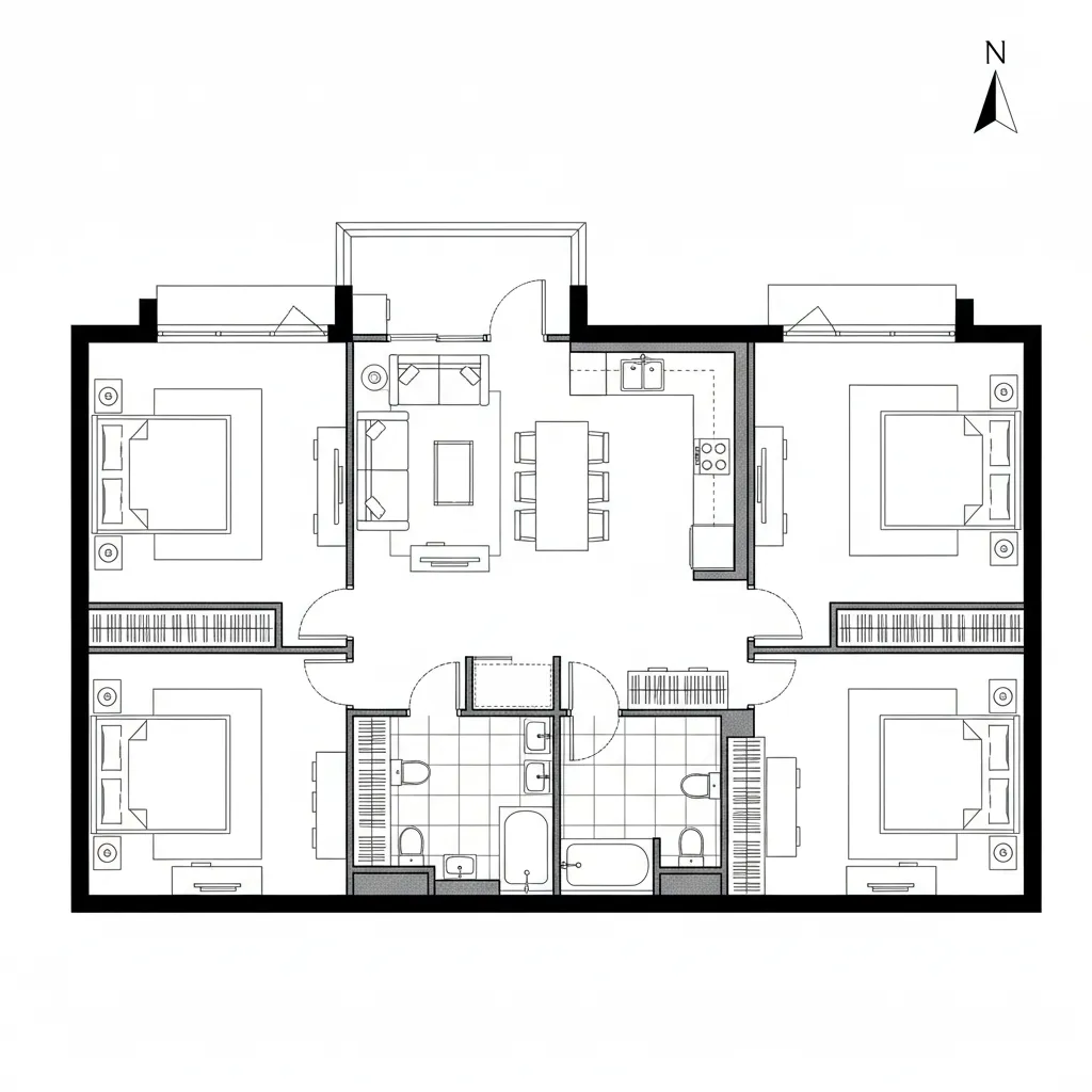Interior design drawing of a four bedroom apartment with living room kitchen and two bathrooms
