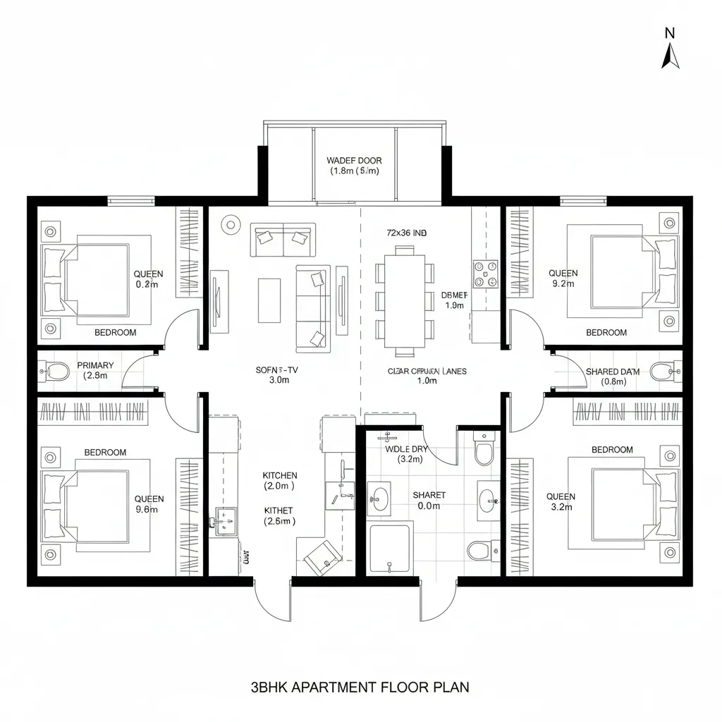 Detailed floor plan of a three bedroom apartment featuring a central living area and multiple bathrooms