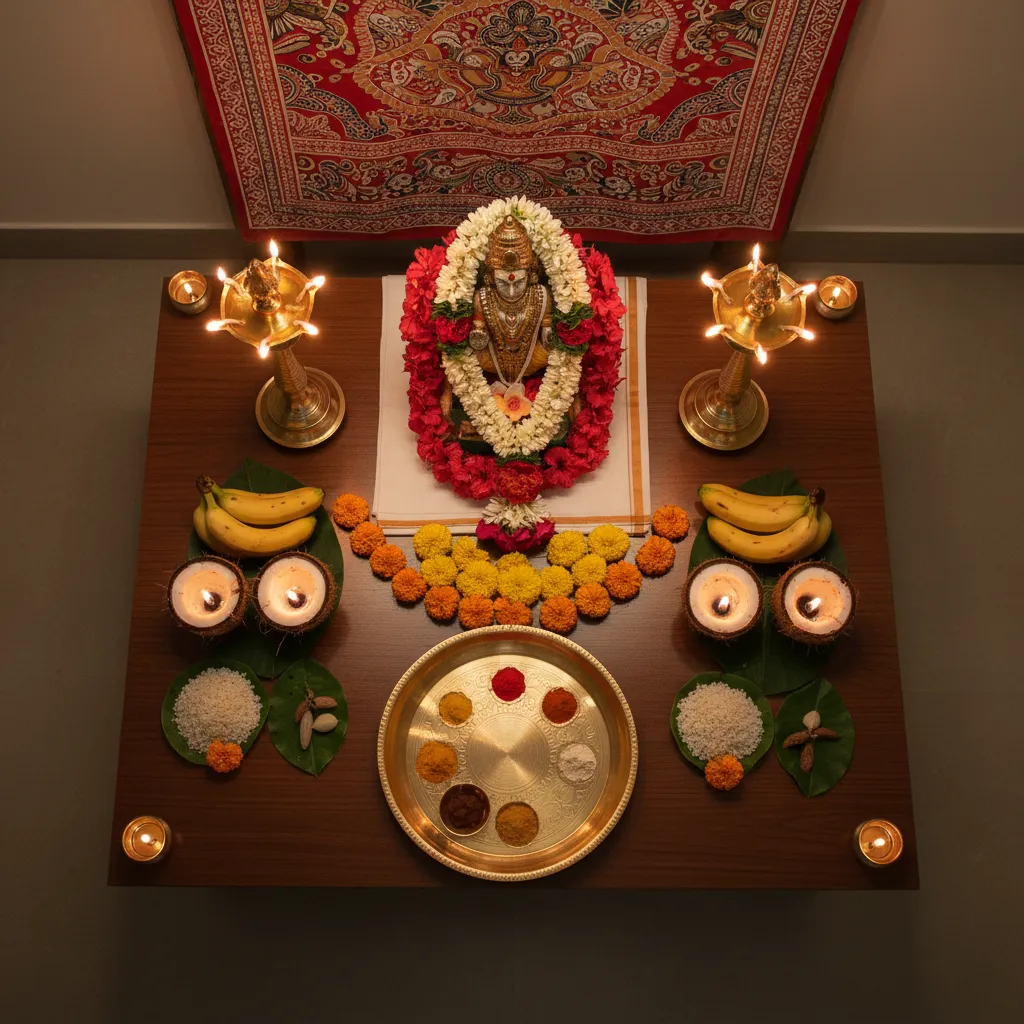 Structured layout of Ayyappa pooja altar with lamps and offerings