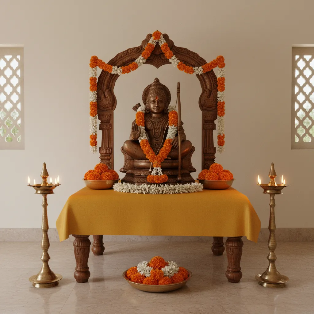 Small Ayyappa altar setup at home with flowers and diyas